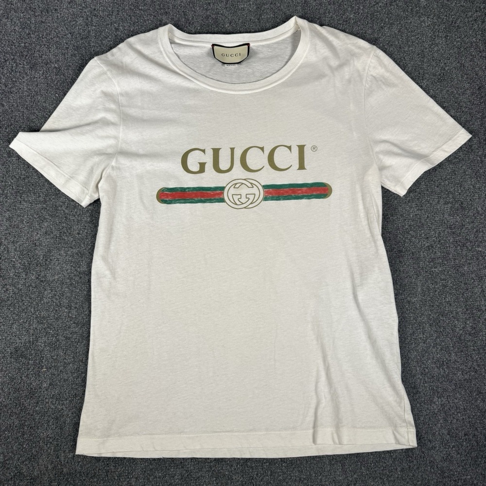 Authentic GUCCI Men's Oversized Washed T-Shirt White Vintage Logo Size Small S